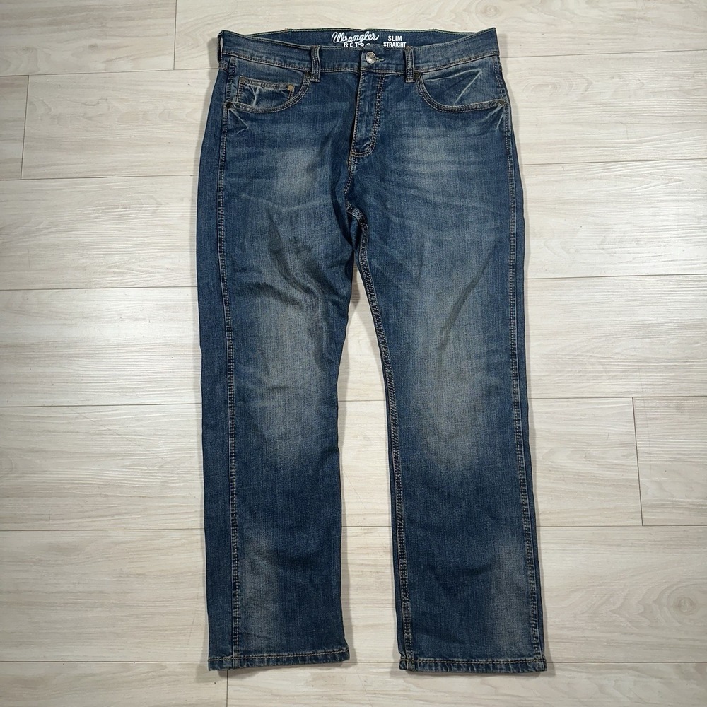 Wrangler Retro Jeans Mens 35x30 Blue Slim Straight Stretch Denim Western Cowboy